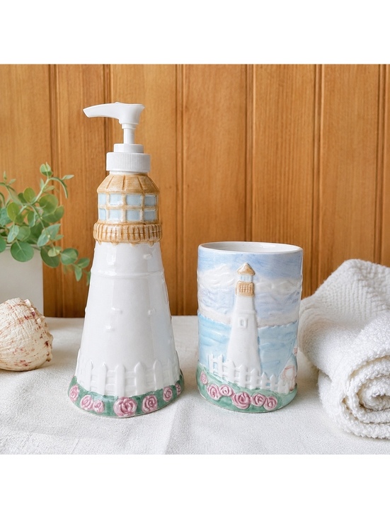 Other - Vintage Ceramic Lighthouse Soap Dispenser And Tumbler Cup Coastal Bathroom Set